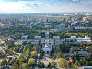 Panorama of the city of Kiev and the Exhibition Center against the sky in the spring. Photo from the drone