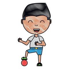 cartoon boy playing with a ball over white background, colorful design. vector illustration