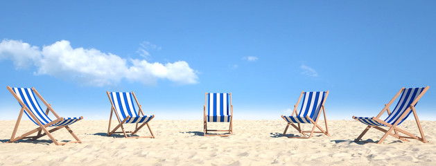 Viele Strandstühle auf Sand am Strand - obrazy, fototapety, plakaty