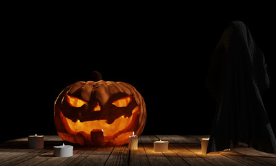 halloween pumpkin with ghost at wood planks with candle lights at black background 3d rendering