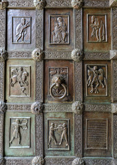 A historic coffered door to the Cathedral of Santa Maria Assunta in Ravello , Campania, Italy