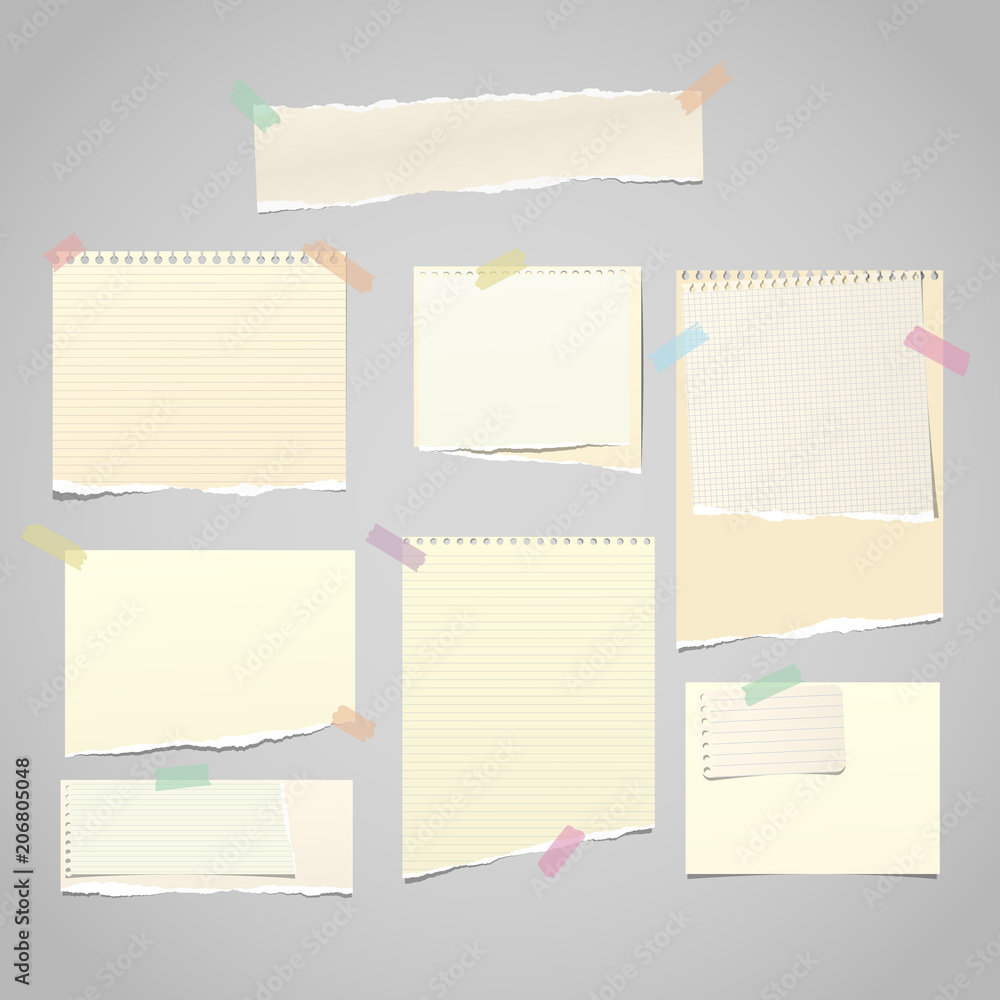 Poster yellow torn note, notebook paper pieces for text stuck with sticky tape on gray background. vector i