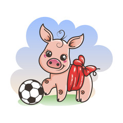Cute cartoon pig with a soccer ball. Vector illustration.
