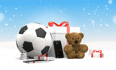 christmas gifts with soccer ball mobile phones teddy bear 3d rendering