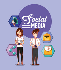 cartoon woman and man with social media related icons over purple background, colorful design. vector illustration