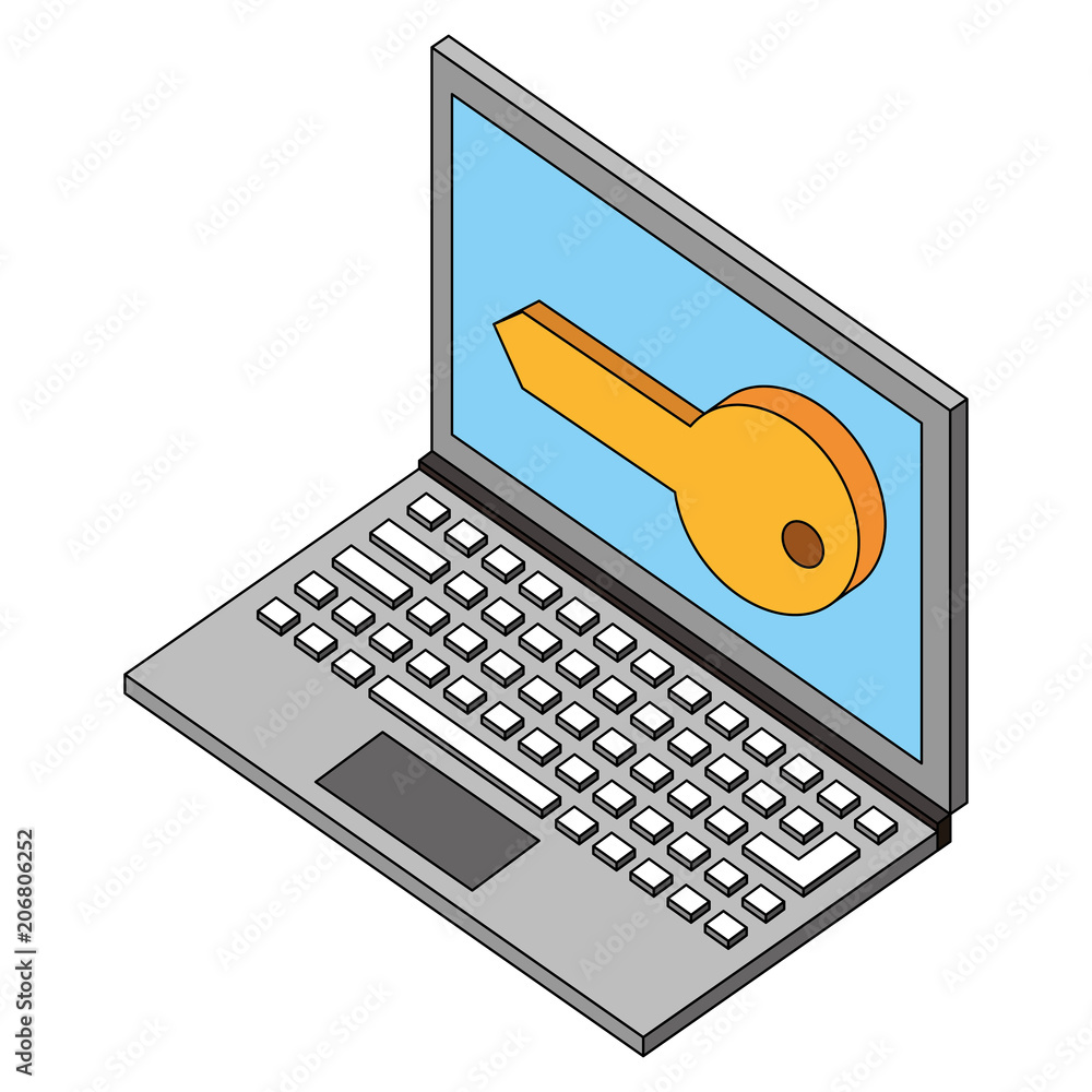 Sticker laptop key on screen cyber security isometric vector illustration