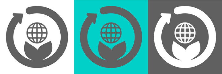 Globe on the leaves flat style vector logo. Recycle rounded arrow.