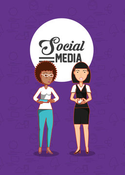 social media design with cartoon women over purple background, colorful design. vector illustration