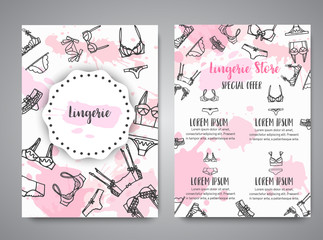Fototapeta na wymiar Lingerie Fashion bra and pantie newsletter. Broshure template for lingerie shop Vector