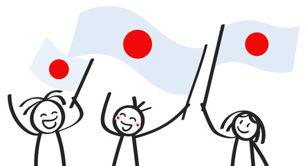 Cheering group of three happy stick figures with Japanese national flags, smiling Japan supporters, sports fans isolated on white background