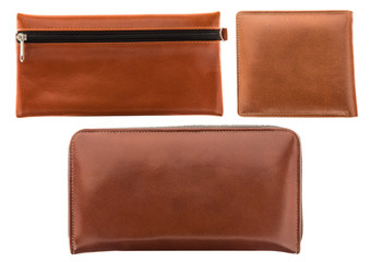 set of brown leather wallets isolated on white background