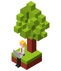 businessman working with laptop in the tree isometric avatar character vector illustration design