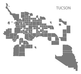 Tucson Arizona city map with neighborhoods grey illustration silhouette shape