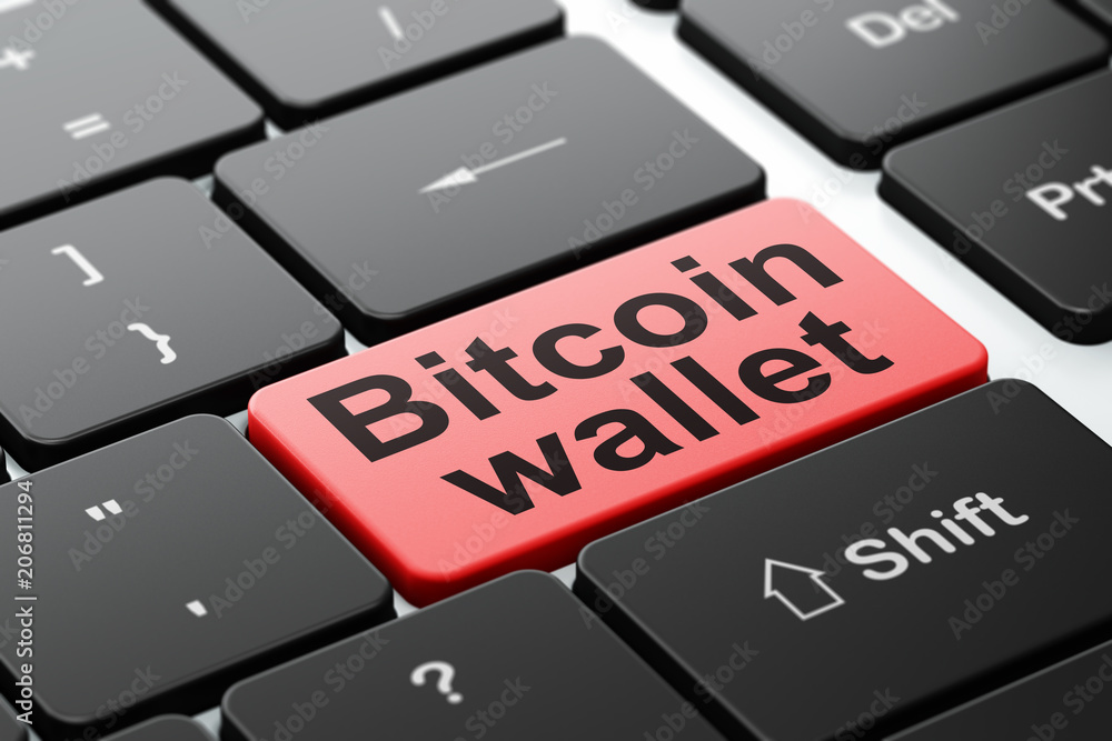 Poster cryptocurrency concept: computer keyboard with word bitcoin wallet, selected focus on enter button b