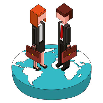 businessman and businesswoman holding briefcase on world isometric vector illustration