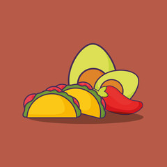 avocados and mexican tacos over brown background, colorful design. vector illustration