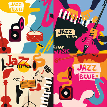 Set of music cards and banners. Music cards with instruments flat vector illustration. Jazz music festival banners. Colorful jazz concert posters