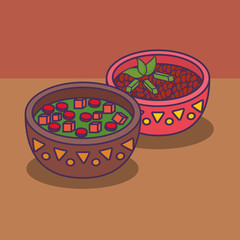 mexican sauce bowl and black beans soup over brown background, colorful design. vector illustration