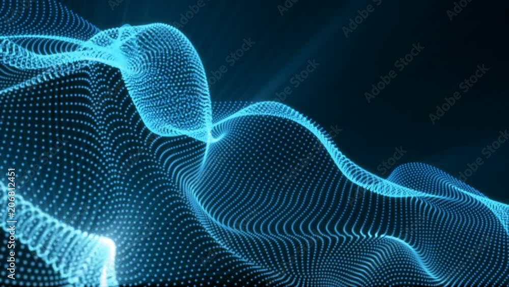 Poster abstract loopable blue cg motion waving dots texture with glowing defocused particles. cyber or tech