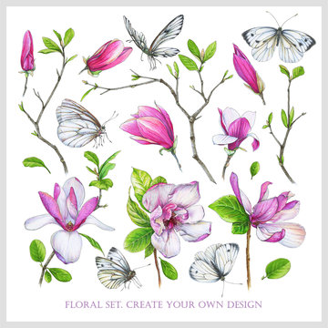 Floral set with pink  magnolia, twigs with leaves and white butterflies. Illustration by markers: elements for create your own design. Imitation of watercolor drawing.