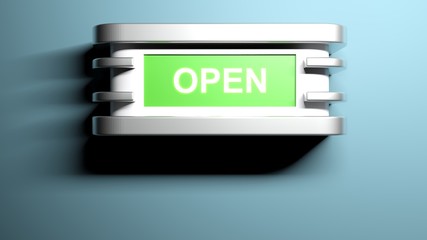 Lamp at blue wall with the write OPEN - 3D rendering
