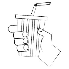 hand holding soda cup with straw vector illustration sketch