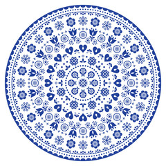 Floral Scandinavian mandala design, folk art seamless vector pattern with flowers, navy blue floral repetitive ornament
