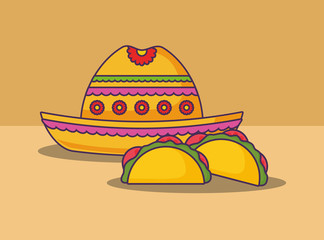 mexican tacos and hat over brown background, colorful design. vector illustration