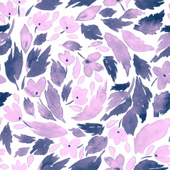 Seamless watercolor pattern. Tiny flowers and leaves in purple