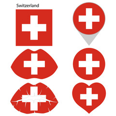 Obraz premium Flag of Switzerland, set. Correct proportions, lips, imprint of kiss, map pointer, heart, icon. Abstract concept. Vector illustration on white background.