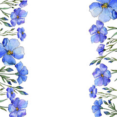 Blue flax. Floral botanical flower. Frame border ornament square. Aquarelle wildflower for background, texture, wrapper pattern, frame or border.