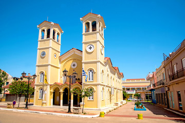 Fototapeta premium Beautiful majestic yellow Padokratoras Church (