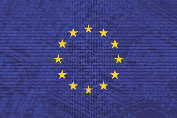 Bandiera europea con sfondo tecnologico. Concetto di privacy e nuove regolamentazioni per la tecnologia.