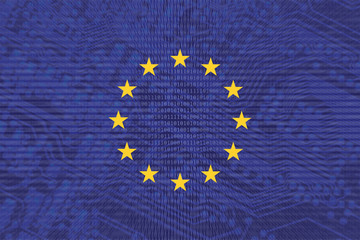 Bandiera europea con sfondo tecnologico. Concetto di privacy e nuove regolamentazioni per la tecnologia.