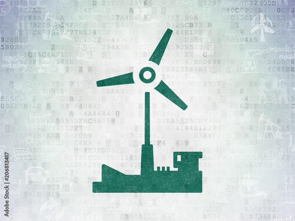 Poster manufacuring concept: painted green windmill icon on digital data paper background with hand drawn i