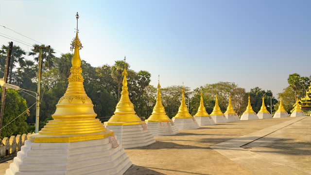 Small stupas at the foot of the Maharzayde pagoda in Bago, Burma
