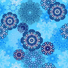 Seamless pattern with snowflakes Blue Colour. Decorative ornament for fabric, textile, wrapping paper.
