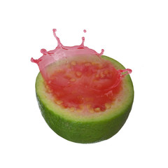 half of red guava with splash isolated