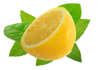 slice of lemon with leaves isolated