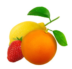 lemon, orange and strawberry isolated on white