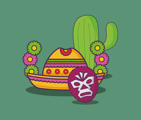 wreath of flowers with Mexican hat and wrestler mask over green background, colorful design. vector illustration