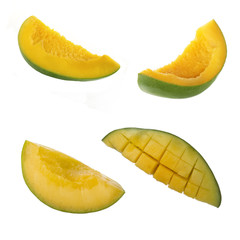 set of slice of green mango isolated on white