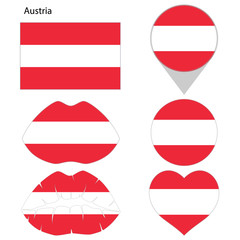 Flag of Austria, set. Correct proportions, lips, imprint of kiss, map pointer, heart, icon. Abstract concept. Vector illustration on white background.