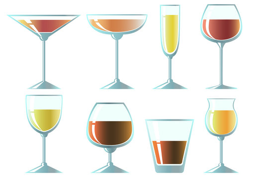 Set of glasses for different drinks. Vector illustration.