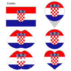 Flag of Croatia, set. Correct proportions, lips, imprint of kiss, map pointer, heart, icon. Abstract concept. Vector illustration on white background.