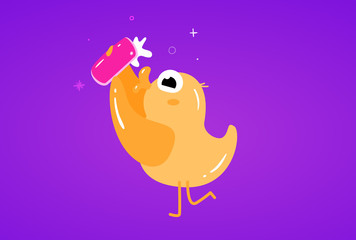 Cute Flat Duck makes selfie on a mobile phone vector illustration