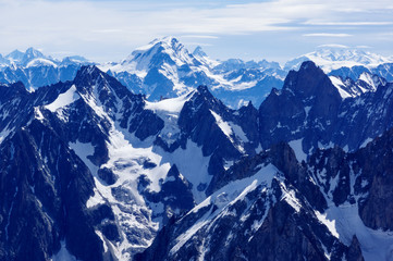 Fototapeta na wymiar Alpine High Mountains, Glacier and crevasse from Aiguille du Midi in Chamonix France.