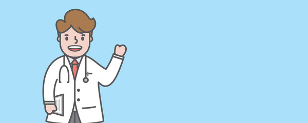 man doctor character advice with blank banner illustration vector on blue background. Dental concept.
