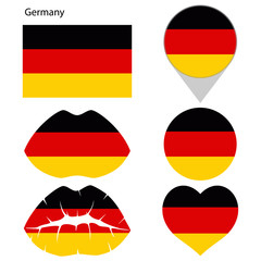 Flag of Germany, set. Correct proportions, lips, imprint of kiss, map pointer, heart, icon. Abstract concept. Vector illustration on white background.
