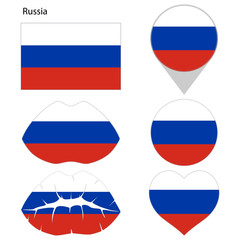 Fototapeta premium Flag of Russia, set. Correct proportions, lips, imprint of kiss, map pointer, heart, icon. Abstract concept. Vector illustration on white background.